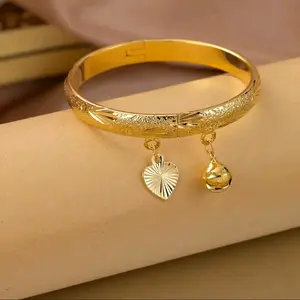 21k Gold-Plated Baby Bangle Bracelet with Heart Charm and Baby Rattle - Hypoallergenic Gift for Babies