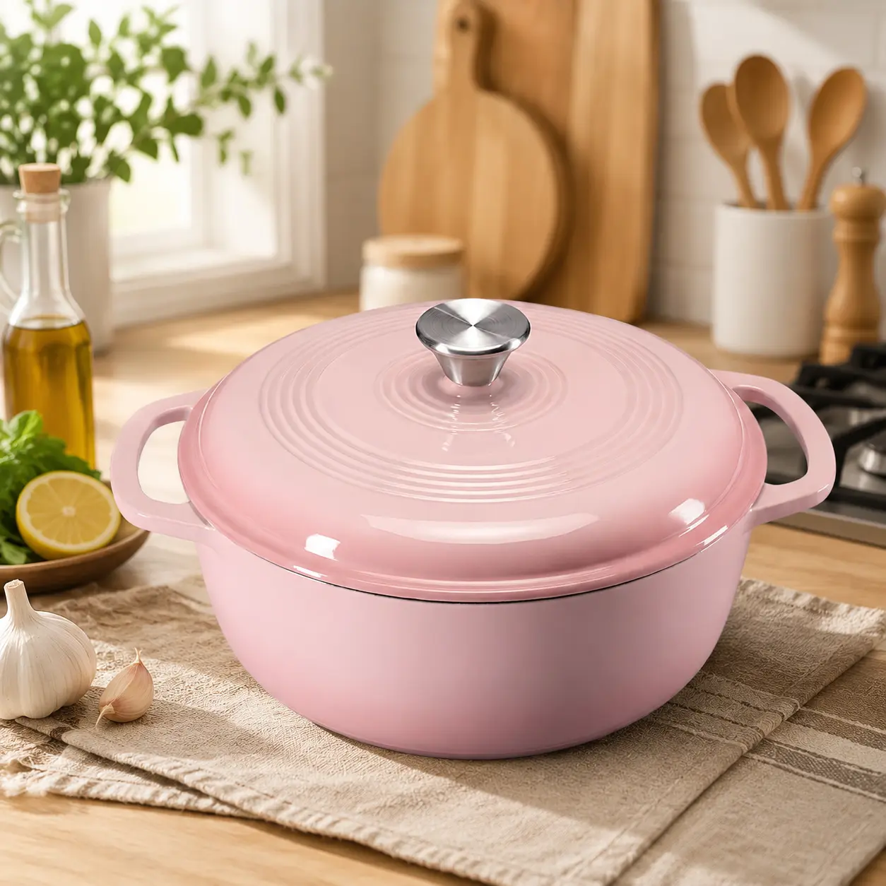 6QT Enameled Cast Iron Dutch Oven – Heavy-Duty Pot with Self-Basting Lid, Oven Safe to 500°F for Artisan Bread, Braised Meats, Stews & Roasts