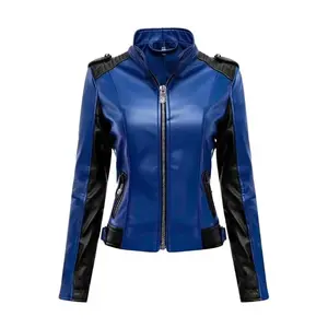 Women's Leather Jacket Blue Biker Genuine Sheepskin Leather Moto Jacket with Stand Collar, Rider Slim Fit by Hide Crafts