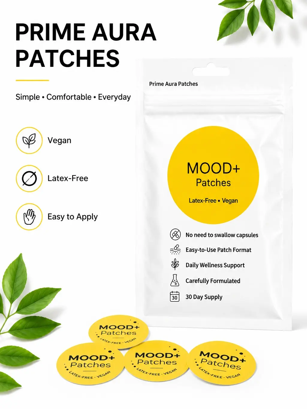 Prime Aura Mood+ Wellness Patches | Vegan Daily Wellness Patch | 30 Count Hot Compress Pads Heating Pads
