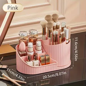 360° Rotating Makeup Storage Box with Brush Holder –, Stylish White and Pink Makeup Storage Solution Beauty Organizer with Multiple Compartments, Suitable for Bathrooms, Desks, and Makeup Tables | Minimalist Design | Plastic Construction