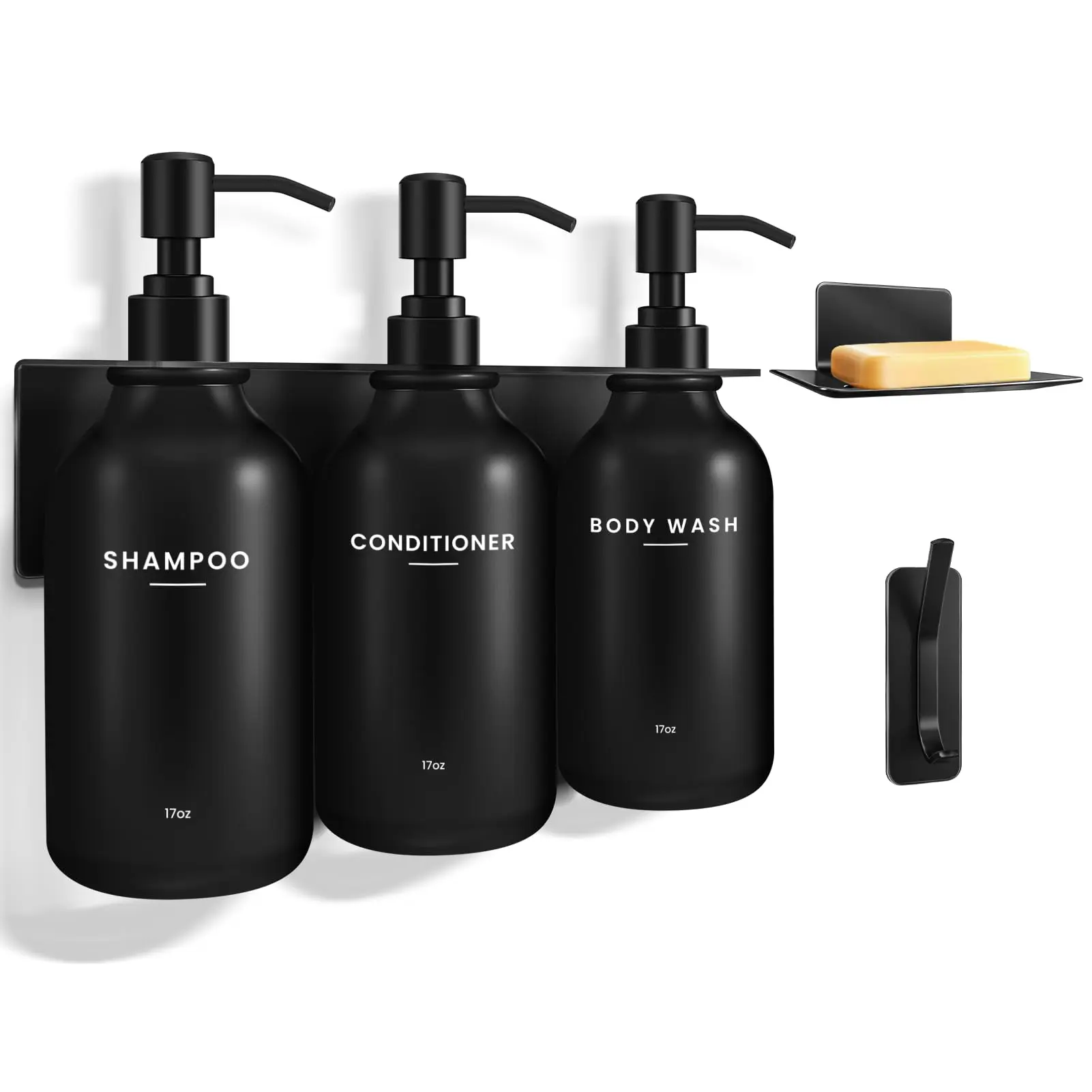 Wall-Mounted Refillable Shampoo and Conditioner Dispenser Set (3-Piece, Black) - No-Drill Bathroom Soap Dispenser with Soap Dish, Towel Hook, Spa Hotel-Style Bathroom Decor Accessories