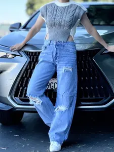 SimplYoung Women's Straight Leg Jeans with Ripped Design, Medium Blue - Womenswear, Bottom