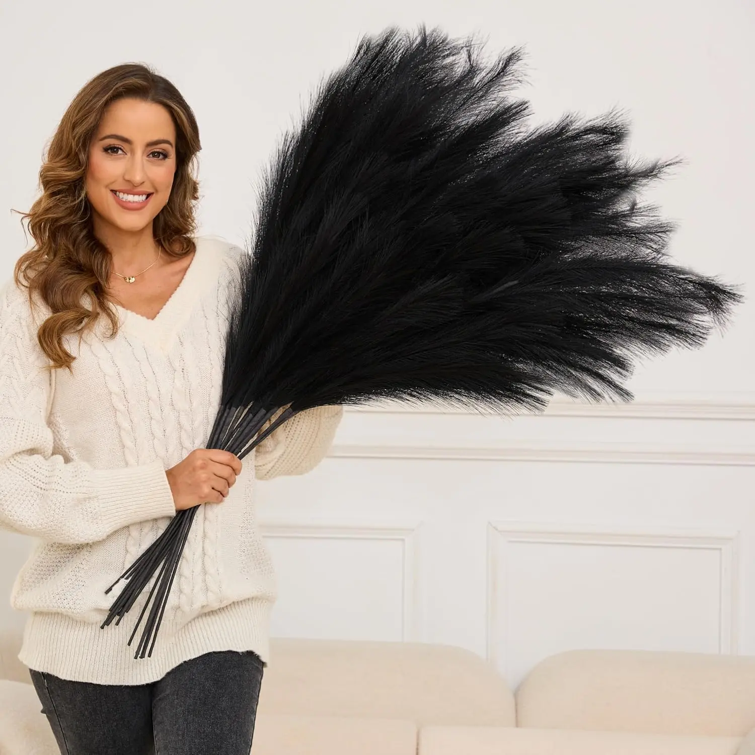 Faux Pampas Grass Tall, 9 PCS 43''/ 110 cm Large Black Pampas Grass Decor, Fake Pompas Branches, Long Feathers for Floor Vase, Boho Flower Arrangement for Home Wedding Decor