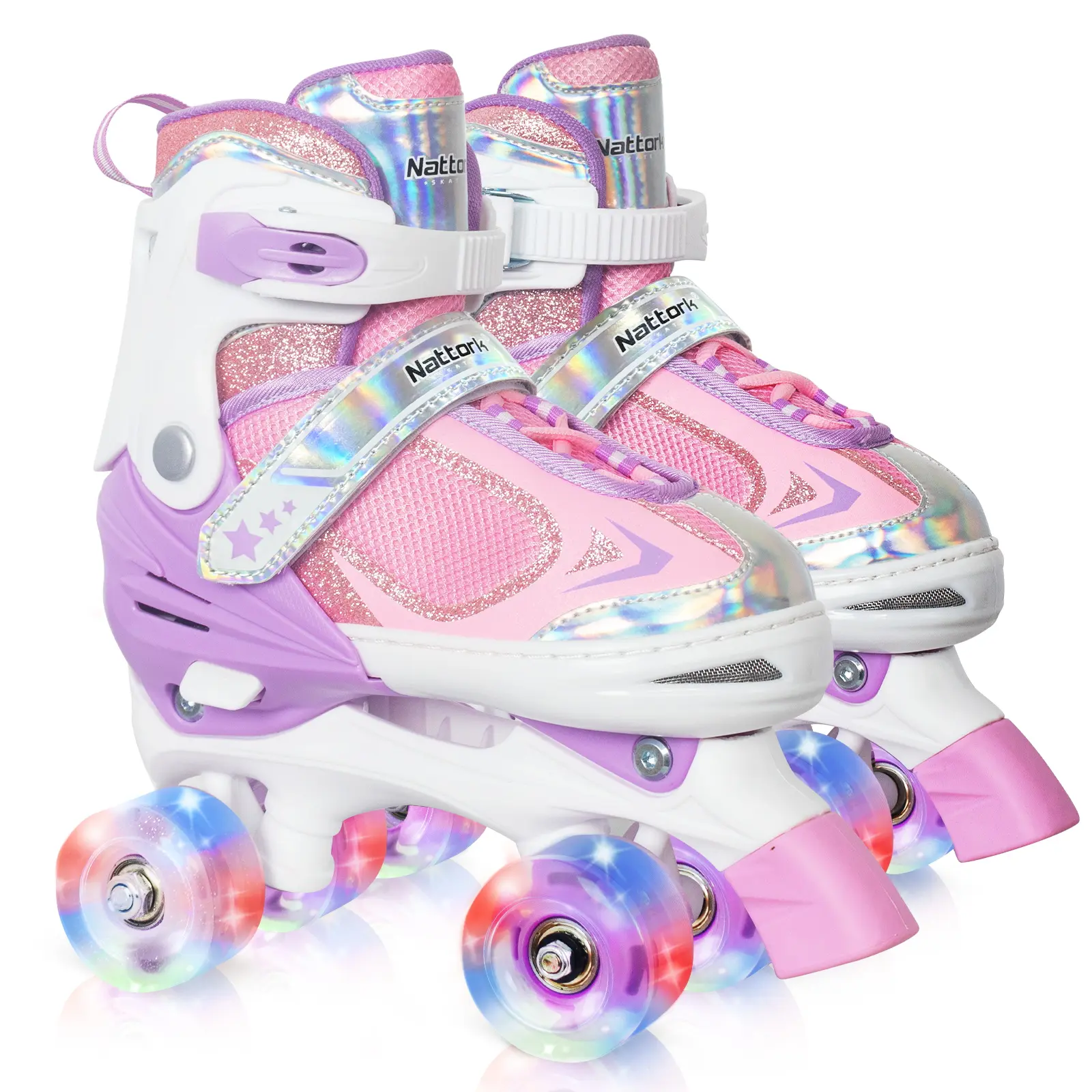Nattork Adjustable Roller Skates for Kids, Lilac High-Tops for Beginners with 8 Light-Up Wheels, ABEC-7 Bearings and Breathable Mesh, Eight Shiny Wheels