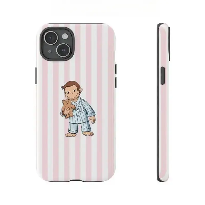 Cute Curious George pink striped phone case – trendy,  -Durable, Shock Absorbing and Stylish Protection -Compatible with iPhone 17,16, 15, 14, 13, 12, 11, Plus, Pro,Pro Max, Perfect birthday gift for friends.