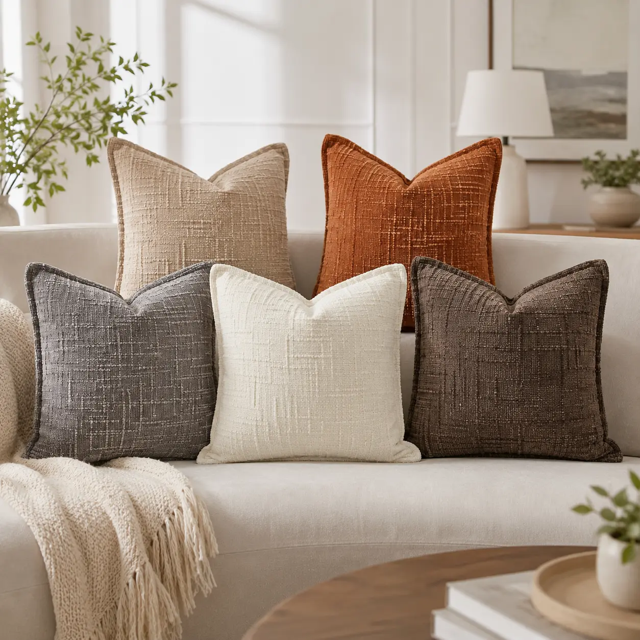 2 Pack Textured Chenille Cushion Covers for Couch and Bed, 18 x 18 Inch Decorative Square Pillow Covers with Piped Edges, Hidden Back Zipper and Soft Woven Fabric, Covers Only