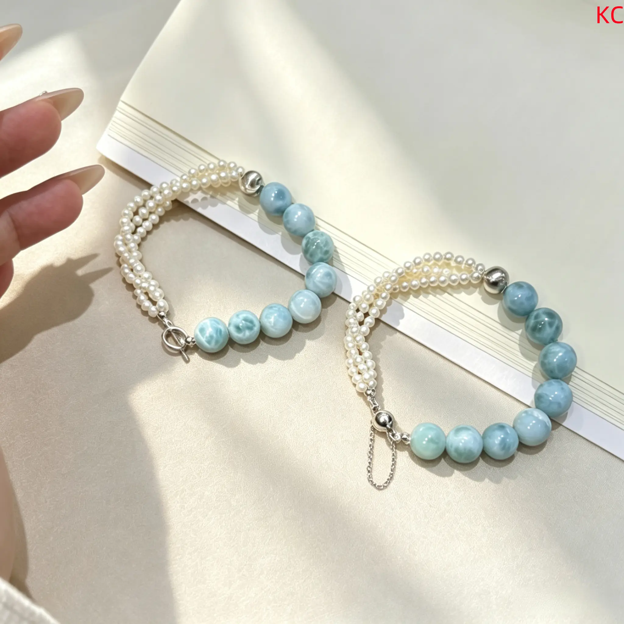 Designer Larimar & Natural Freshwater Pearl Beaded Bracelet, Elegant Gemstone Bracelet with Magnetic Clasp for Girlfriend Gift, 9.5‑10mm Beads