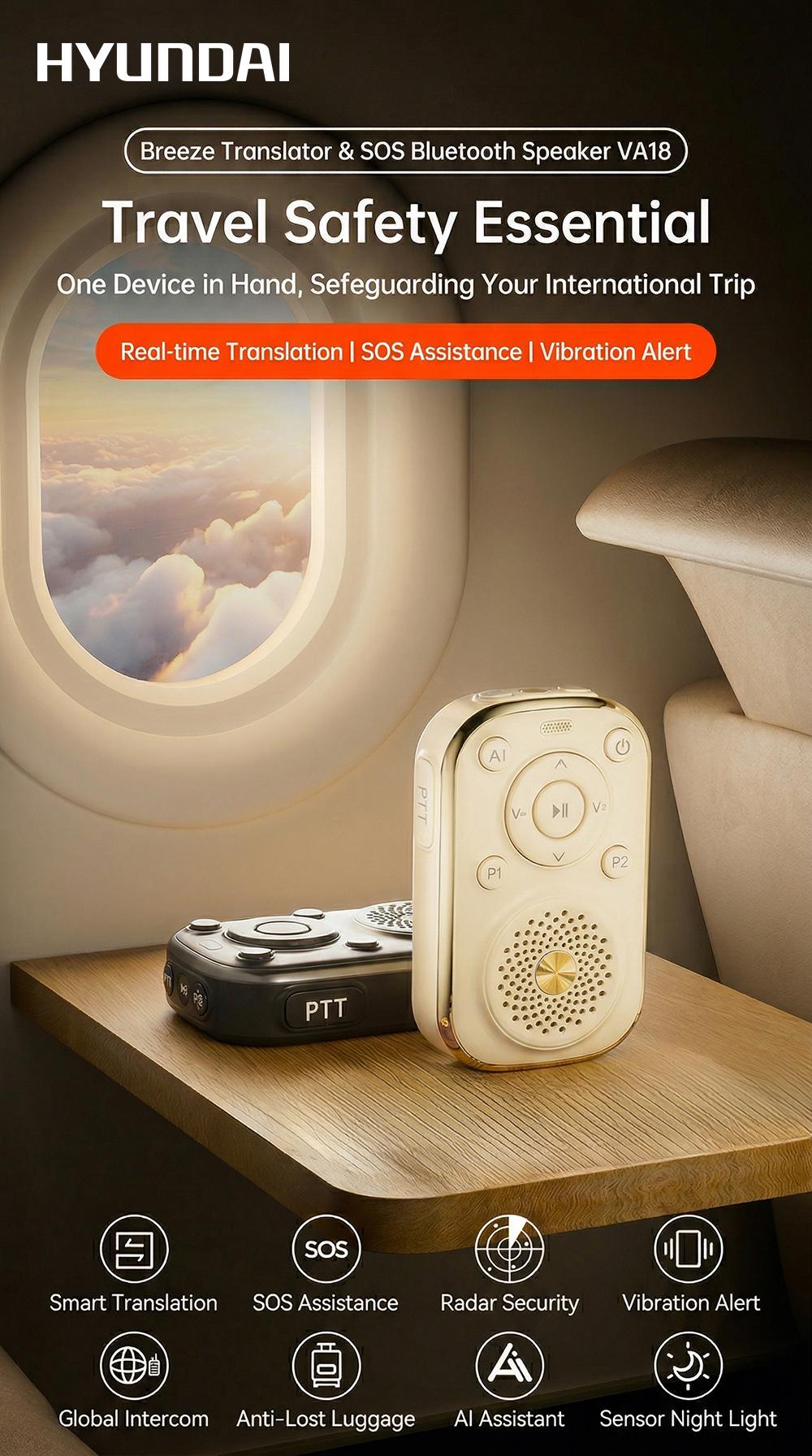 HYUNDAI VA18 8-in-1 Smart AI Translator Speaker, Support Translation, SOS Emergency Assistance, Global Intercom, Anti-Lost Alert, AI Assistant, Radar Detection & Vibration Alert, Portable Audio Device for Travel, Compatible with Android & iOS