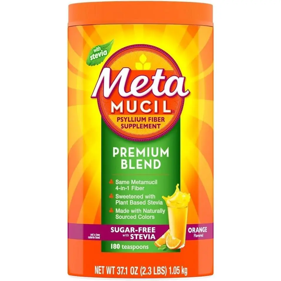 Metamucil Premium Blend, 4-in-1 Fiber Supplement for Digestive Health, Psyllium Husk Fiber Powder, Sugar-Free with Stevia, Plant-Based Fiber Supplement, Orange Flavored, 180 teaspoons
