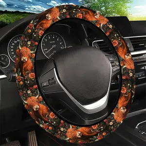 Orange Highland Cow & Floral Pattern Steering Wheel Cover, Vivid Dark Background Style - Fit Car Interior Accessory, Durable Material, No Inner Ring, For All Seasons Automotive Accessories, Best Festive Gift Item For Family.11.27QWA-202