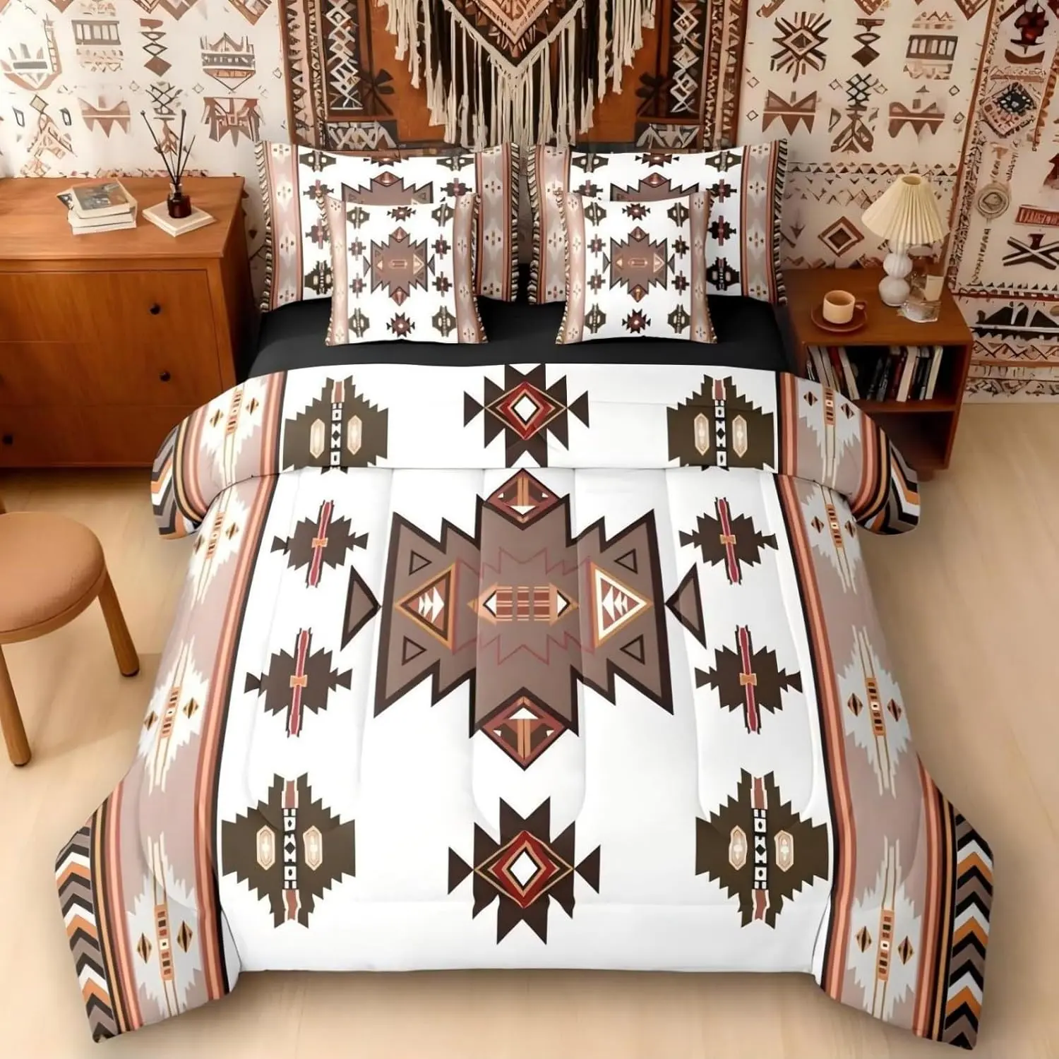 Western Comforter Set with Sheets | Southwestern Decor Geometric 7 Piece Bedding Set Farmhouse Aztec Bed in a Bag,Stripes Triangle Diamond Room Decor,White Brown