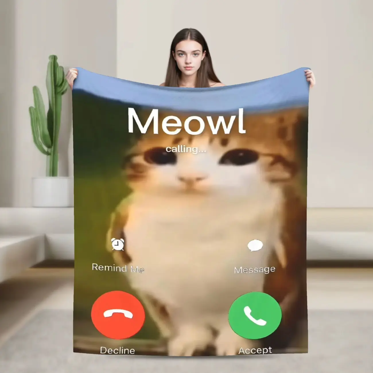Meowl Cat Owl Meme Blanket, Funny Internet Animal Flannel Couch Throw for Sofa and Bed, Trendy Dorm Room Accent for Gaming Spaces and Office Naps, Lightweight Home Cover, Gift for Cat Owl and Meme Lovers at Home