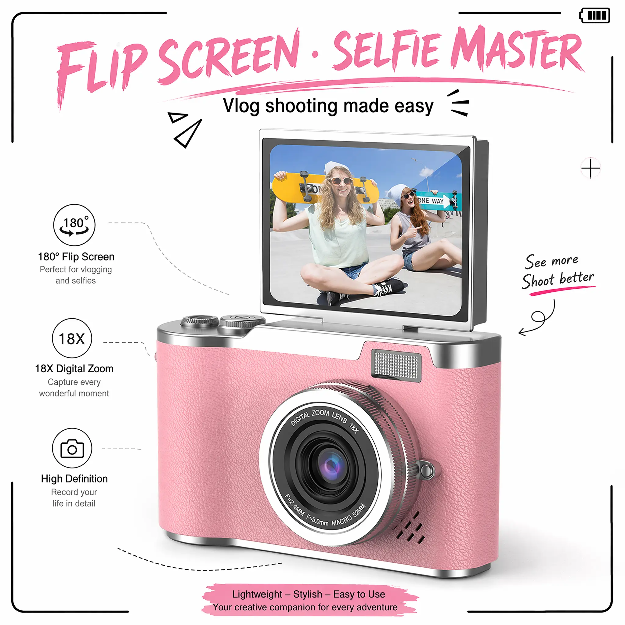 4K high-definition digital camera! 2.4-inch flip screen makes self-portraits super convenient, with a built-in flash + long battery life. Great for students and beginners. Excellent appearance and good performance. usb rechargeable camera y2k pocket-size