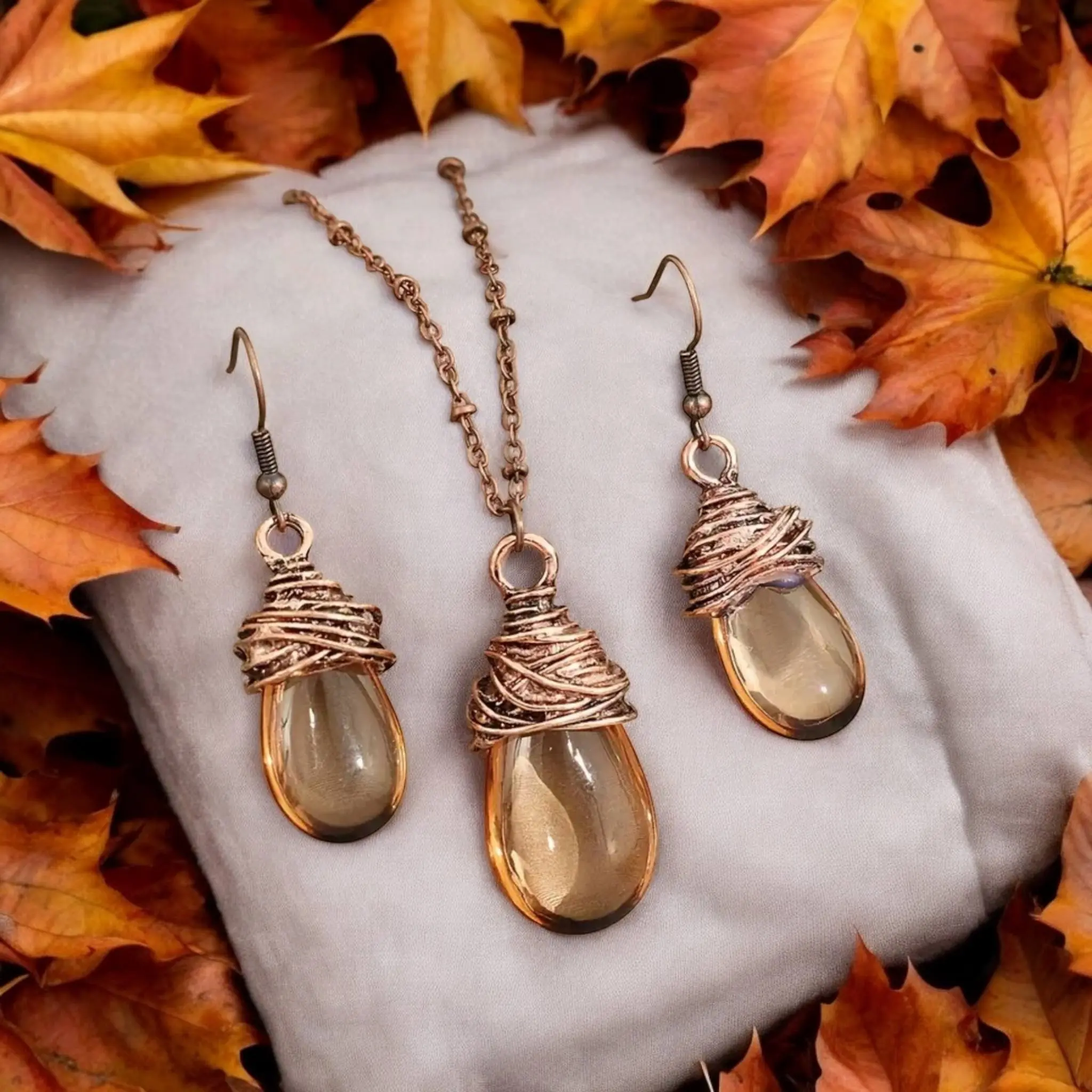 Copper Wonder 2-Piece Necklace & Earrings Set - Decorative Elements, Unique Design, Elegant Finish, Unique Gifts, Cranberry or Brown, Everyday, Lead and Nickel-Free, Lightweight for All-Day Wear