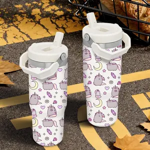 Cute P-Pusheen Cat Vacuum Flasks 30oz Stainless Steel Thermos Flip Straw Tumbler with Handle - Leakproof Twist Lid Vacuum Insulated Travel Mug - BPA Free Reusable Water Bottle for Gym Work and Travel - Fits Car Cup Holders Stainless Steel Drinkware
