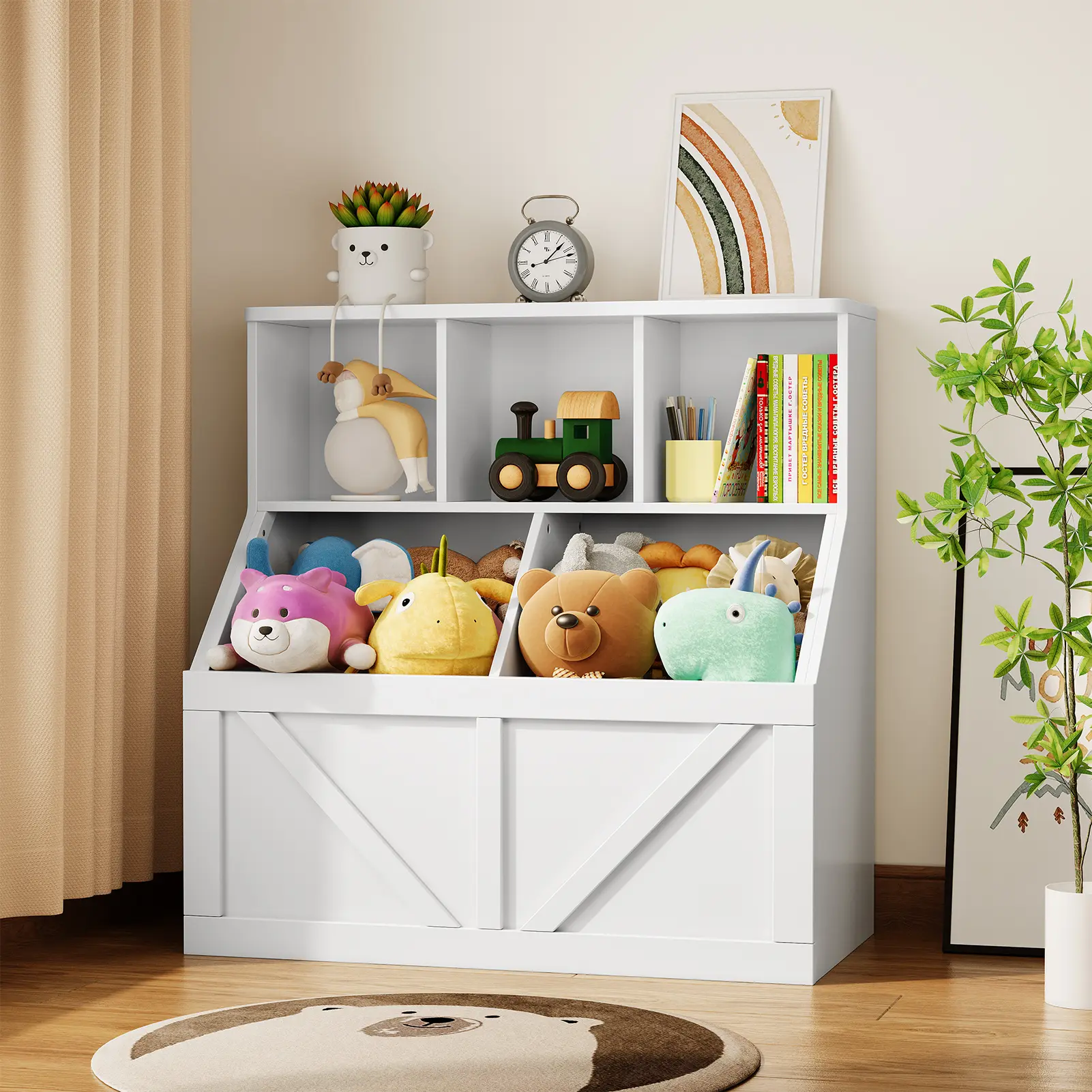 2-Tier Kids Bookshelf & Toy Organizer, 35 Inch Wooden Storage with 3 Cubbies, Bookcase for Nursery, Playroom, Bedroom