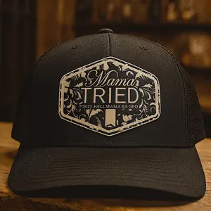 Mama Tried Leather Patch Hat - Black Trucker Style with Distressed Logo Design