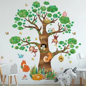A set (30*90cm*2pcs) 2D flat big tree small animal gathering wall stickers for home living room and bedroom decoration, wall stickers for entrance background beautification, self-adhesive MG15084-YC