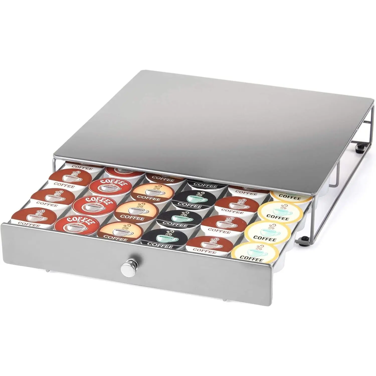 Coffee Pod Drawer -  Finish, Compatible with K-Cups, 36 Pod Pack Holder, Non-Rolling, Compact Under Coffee Pot Storage Sliding Drawer, Slim Home Kitchen Counter Organizer