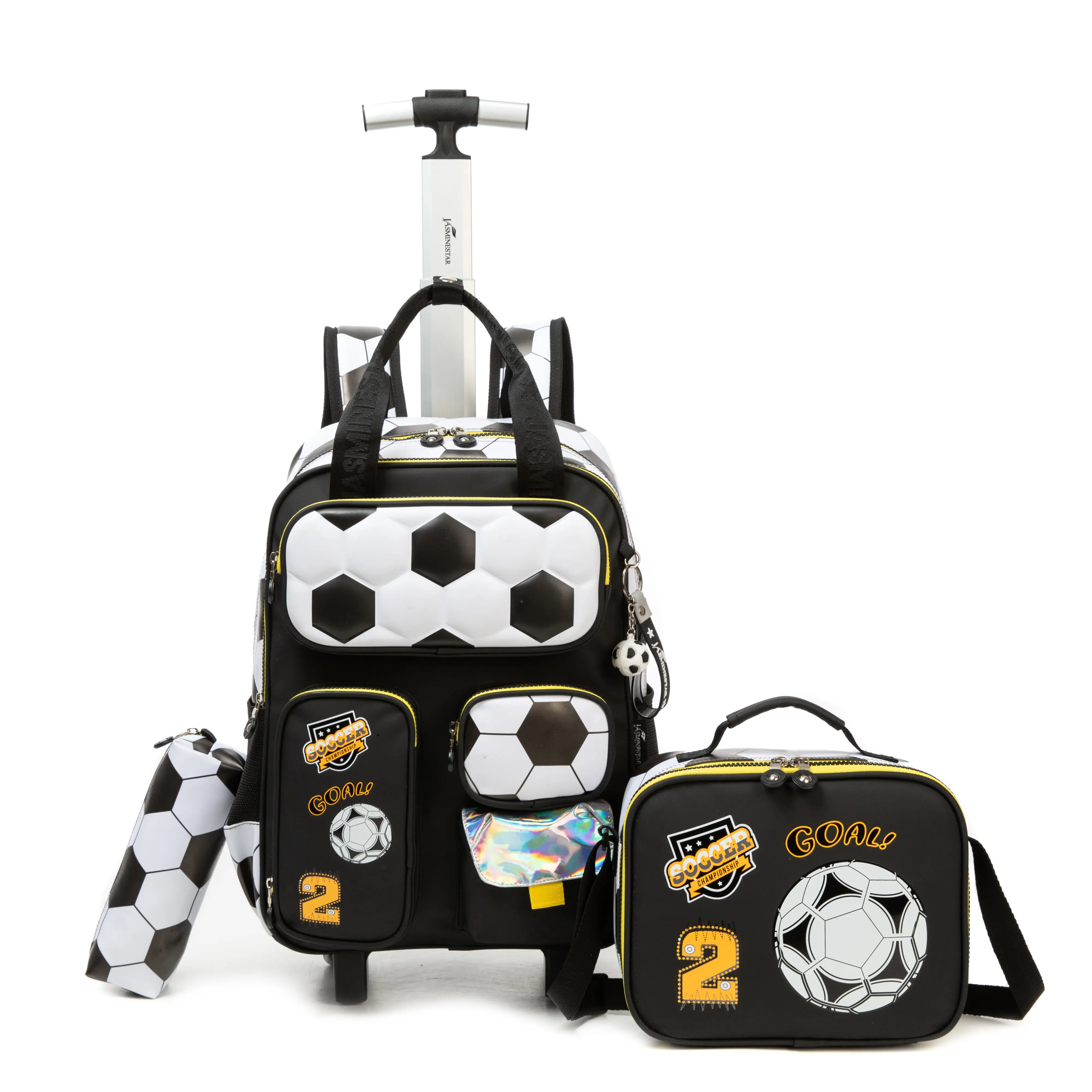 Boys' 3Pcs Rolling Backpack Set - Child Sized Sporty Casual Cartoon Theme Football Motif Novelty Graphic 3D Soccer Wheeled School Bookbag with Insulated Lunch Box, Pencil Case for Elementary Travel, Cartoon Theme Backpacks, Football Motif Backpacks