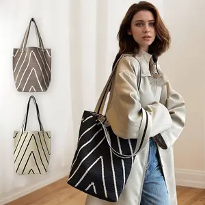 Women's Durable Stripe Knit Shoulder Bag Large Capacity Handmade Open Tote Bag Casual Handbag for Daily Use and Shopping
