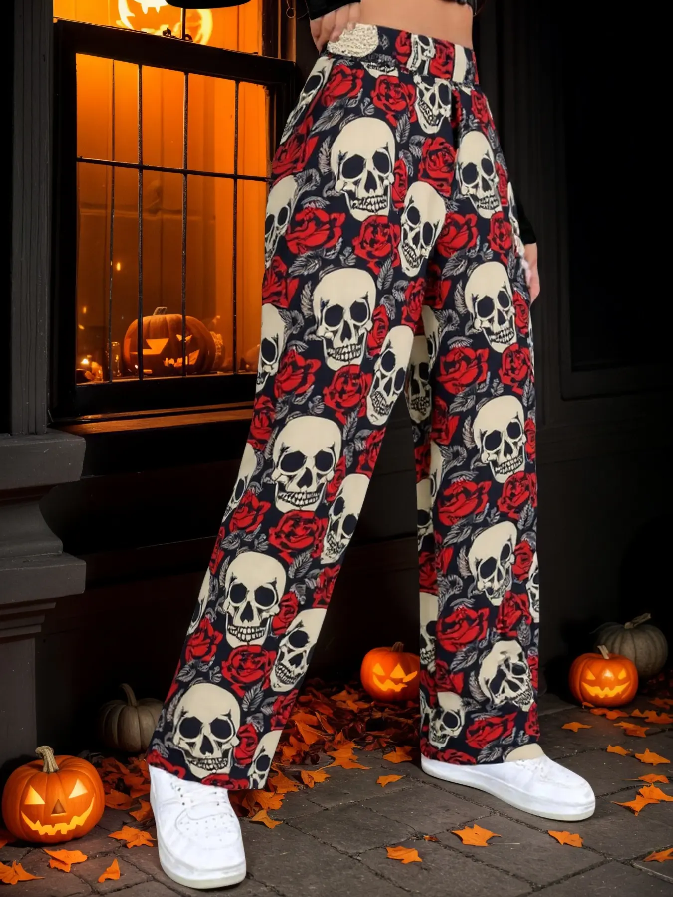 Women's Skull & Pumpkin Print Pants - Halloween Cartoon Style, High-Waisted Loose Wide-Leg, Stretchy Waist, Halloween Outfit, All-Season Casual