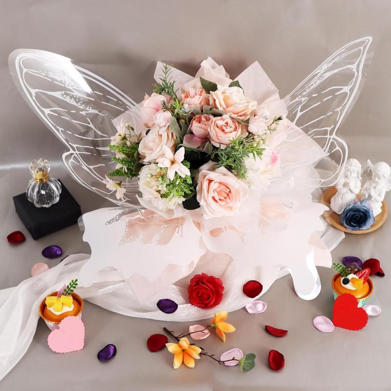 40 Pcs White Butterfly Floral Wrapping Paper, 20 Sets of Waterproof Clear Flower Bouquet Wraps 20 x 22 Inch for Florist Supplies Wedding Graduation and Craft