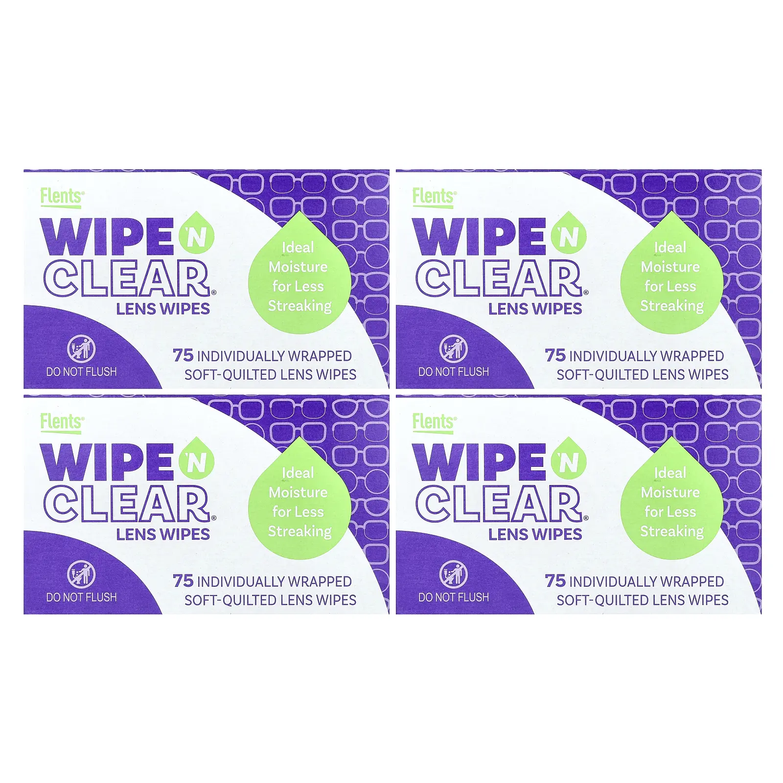 Flents Wipe 'N Clear, Lens Wipes, 4 Boxes, 75 Individually Wrapped Soft-Quilted Lens Wipes