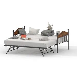 GARVEE Brown Daybed with Sturdy Metal Foldable Trundle Bed, Twin Bed Frame with Stylish Headboard, Perfect for Living Room, Bedroom, and Guest Room
