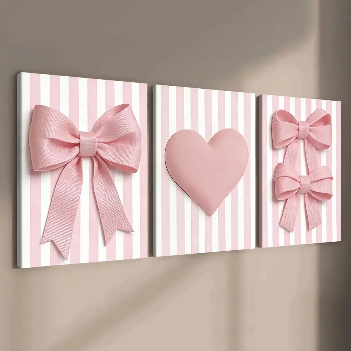 3-Piece Wooden Frame Canvas Art Set with Striped Bow Heart Design, Waterproof Hanging Wall Art, Wall Prints for Living Room and Bedroom Home Decor