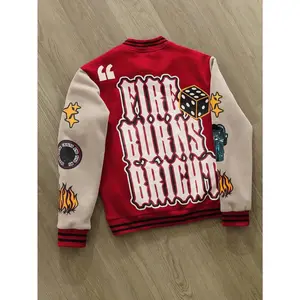 Men's Solid Color Letter Print Patchwork Long-Sleeve Casual Baseball Jacket, Red Varsity Graphic Jacket for Fall