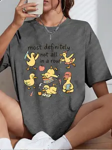 Duck Print T-Shirt for Women, Casual Short Sleeve Round Neck Top, Fitted Summer & Spring Wear, Comfortable Moderate Fabric, Everyday, Womenswear