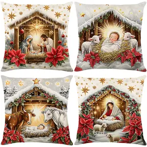 4pcs Christmas Digital Print Cushion Covers, Zipper Closure, Home Decor Sofa Car Outdoor Seat Pad Set 45x45cm (17.72x17.72 Inch), No Insert