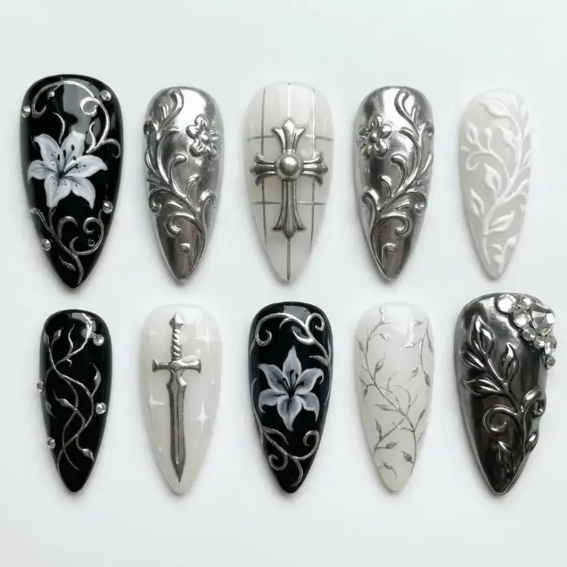 Handmade Gothic Silver Chrome Press On Nails | 3D Lily Sword & Cross Art | Dark Fantasy Medieval Knight Nails