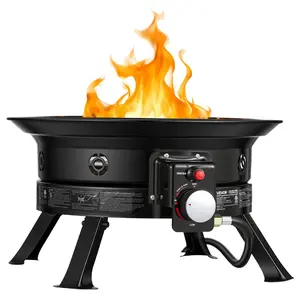 【SummerFinds】VEVOR Propane Fire Pit 19-Inch, 53,000 BTU Portable Gas Fire Pit, with Grill Grate & Lava Rocks, Adjustable Flame, Folding Legs,Smokeless Outdoor Firebowl for Camping, Patio, Backyard, Deck, RV, Black, 0.57-Inch Hose Connection, 5 Ft Exte