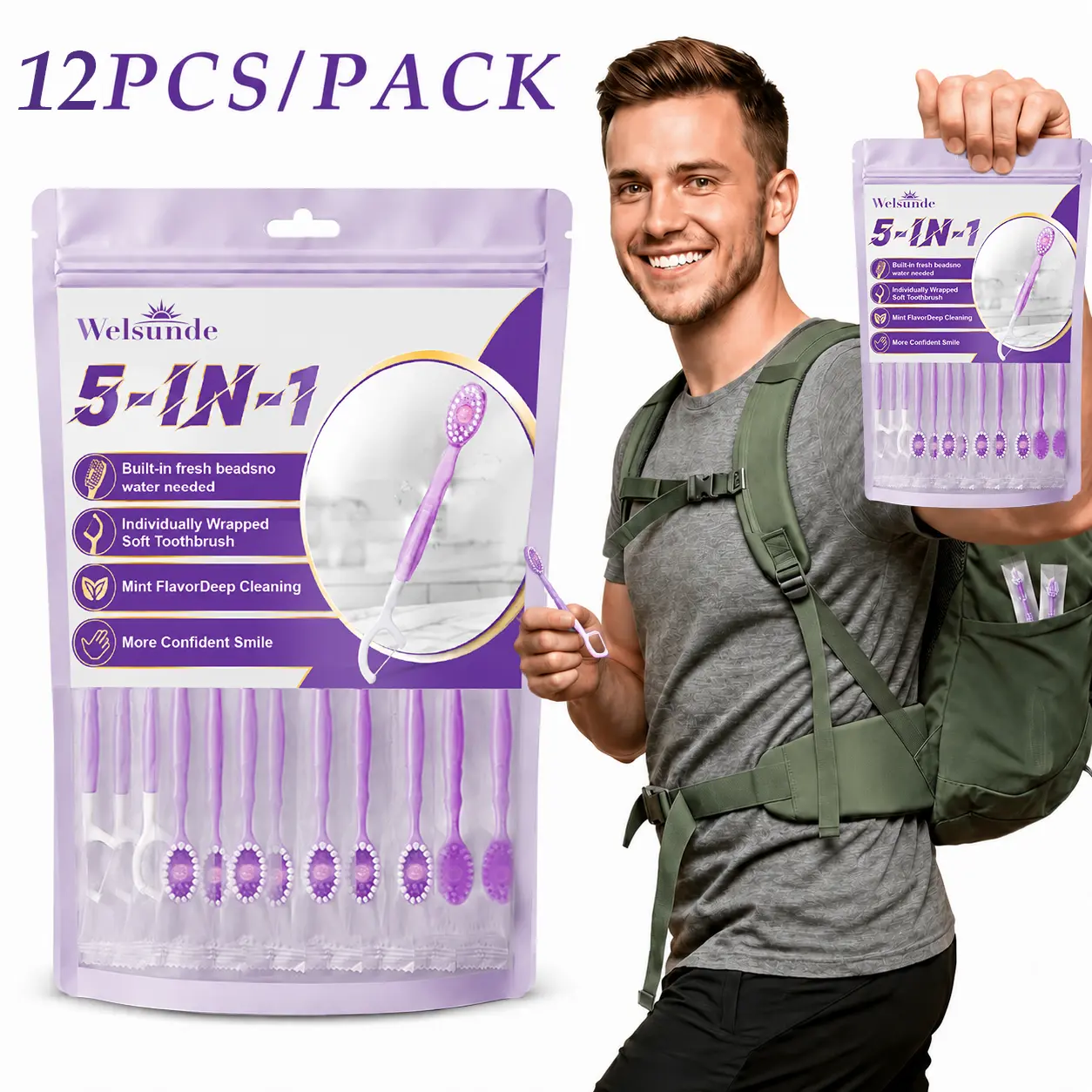 Welsunde 5-in-1 Ultra Soft Nylon Bristles Disposable Travel Toothbrush - Mint Scent, Individually Wrapped Oral Care Tool with Tongue Scraper & Dental Floss Pick, No Water/Toothpaste Needed, 12/24-Count for Travel Camping pack