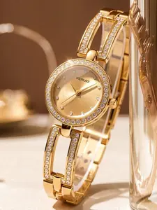 Elegant Women's Watch with Full Diamond Design, Champagne Dial, Water Drill Markers, Dual Layer Hollow Out Style