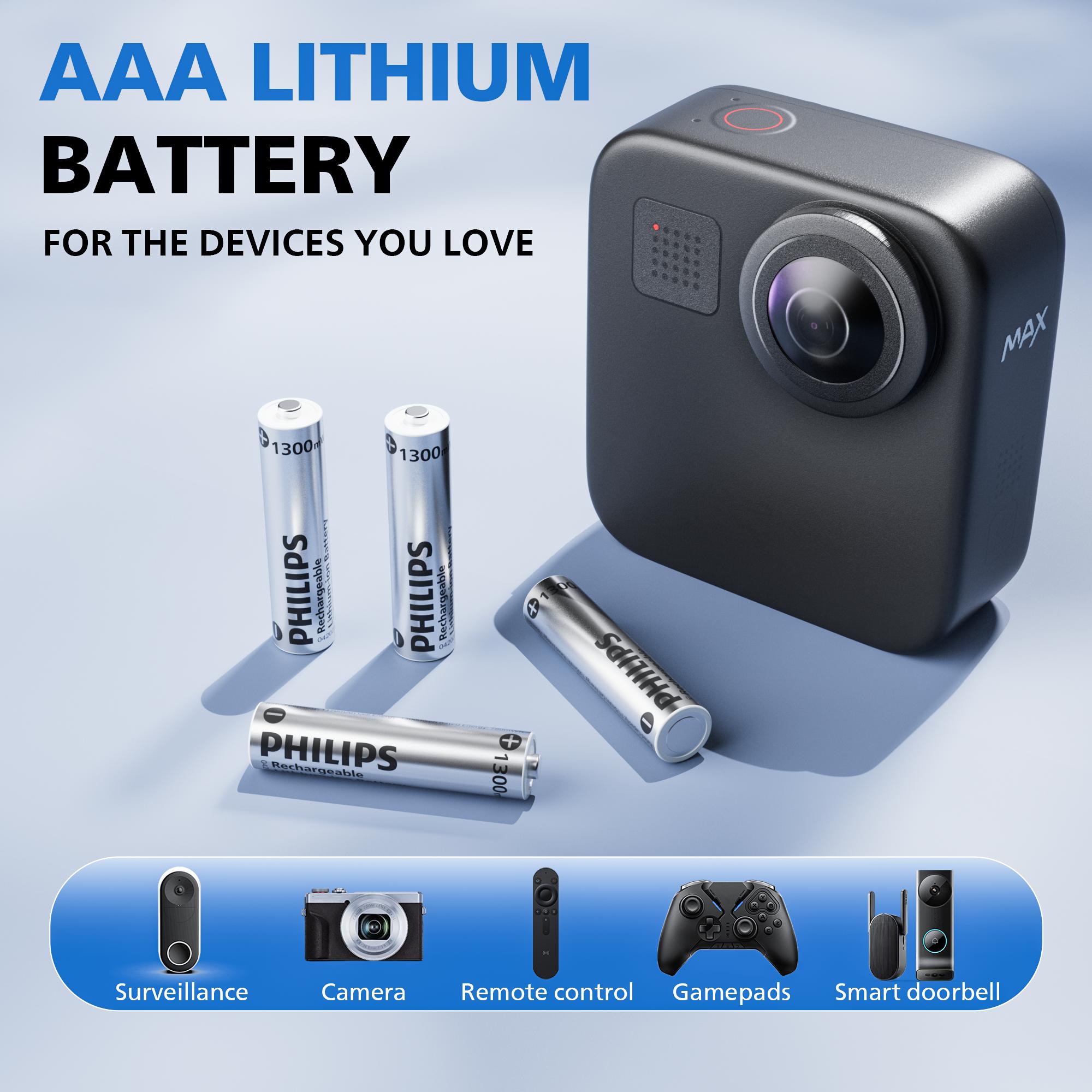 Philips Rechargeable AAA Lithium Ion Batteries - 1300mWh 1.5V Constant Output Li-ion Cells, 1200 Cycles Long-Lasting Power for Alarm Clock, Children's Toys, Lithium Ion Battery