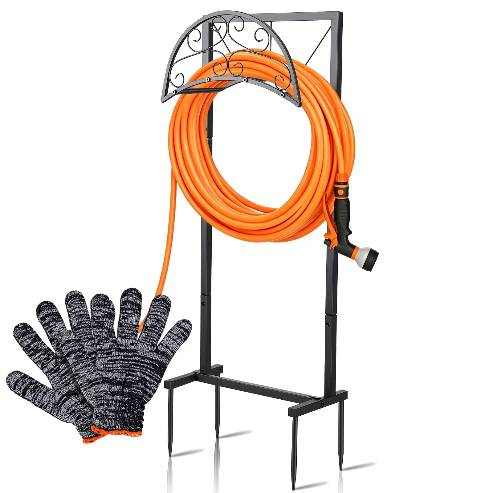 Heavy Duty Freestanding Detachable Garden Hose Holder with 4 Spikes - Black Outdoor Home Storage Rack for Garden, Lawn Water Hose Organization