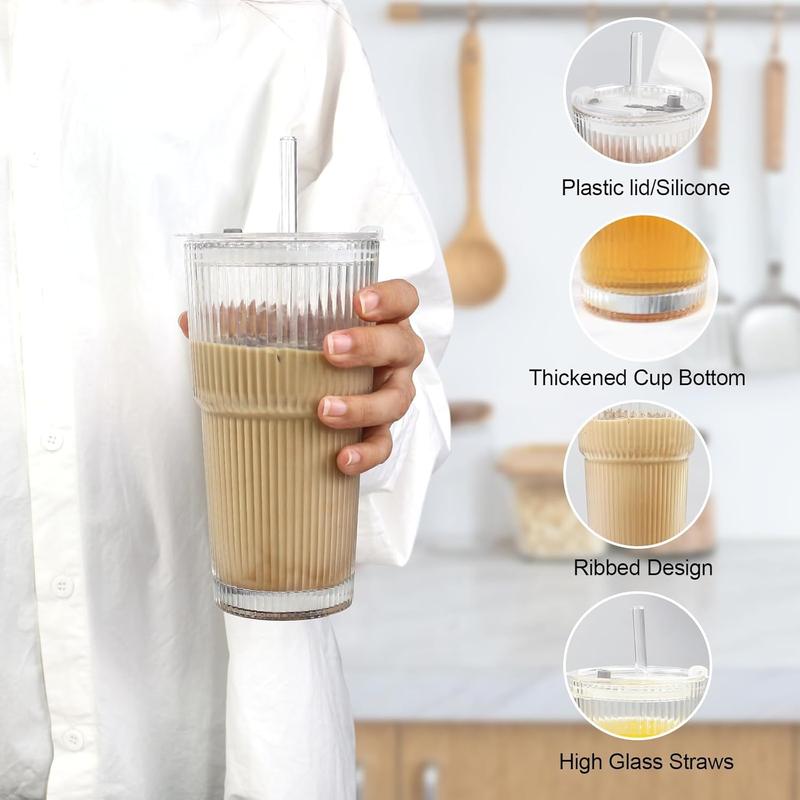 Ribbed Glass Cups with Lids and Straws | 6/8Pack 20oz Thickened Tumbler Set | Coffee, Smoothies, Cocktails & Juices