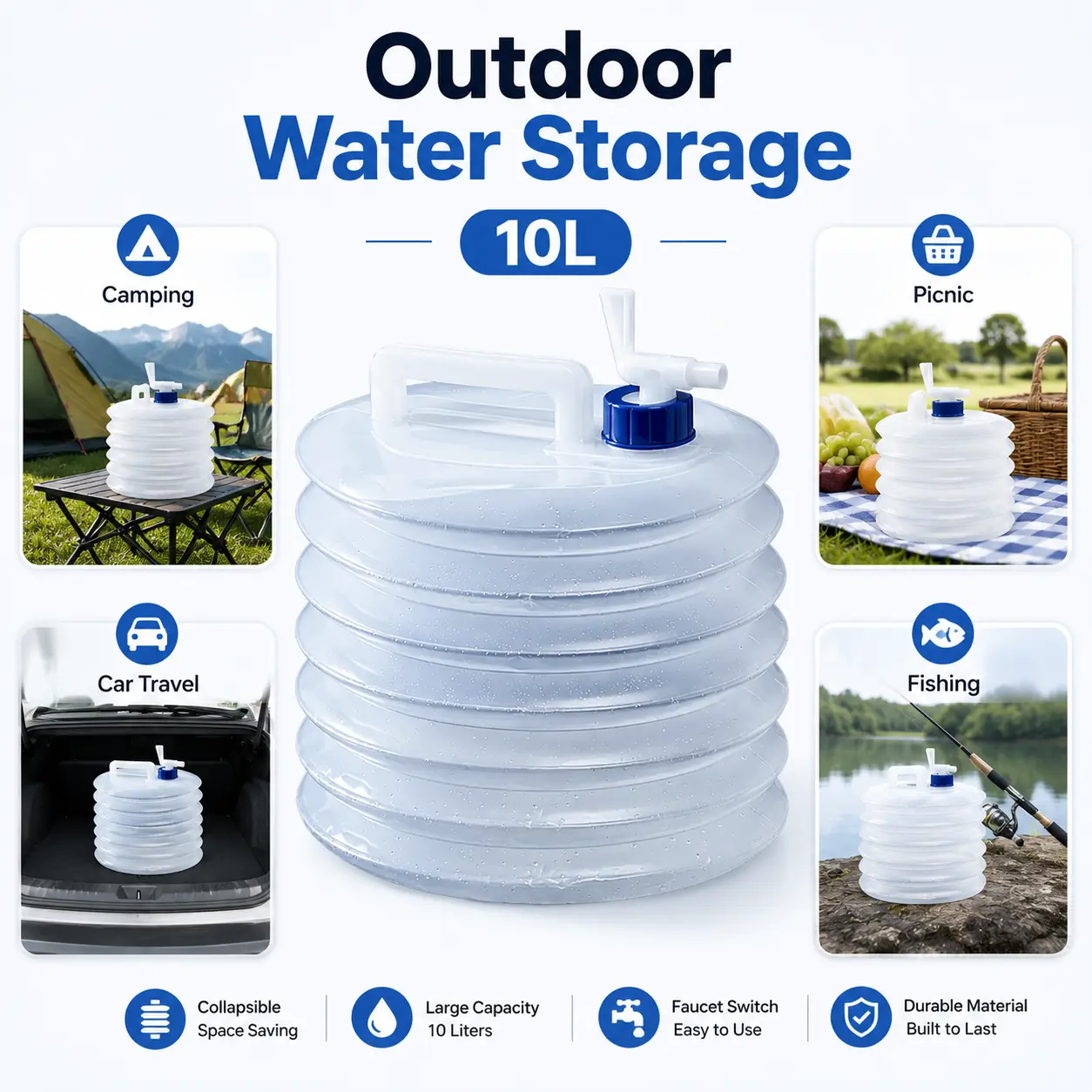 Collapsible Water Bucket - Large-Capacity Portable Pail with Handle, Collapsible Water Container for Outdoor Camping, Picnics