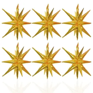 6 Pcs Gold Star Foil Balloons, 14-Pointed 4D Mylar Starburst for Christmas, Wedding, Party