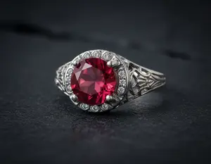 1CT Hollow Red Topaz Art Deco Vintage Silver Filigree Ring for Women New Alloy Band with CZ Cubic Zirconia Unisex Jewelry