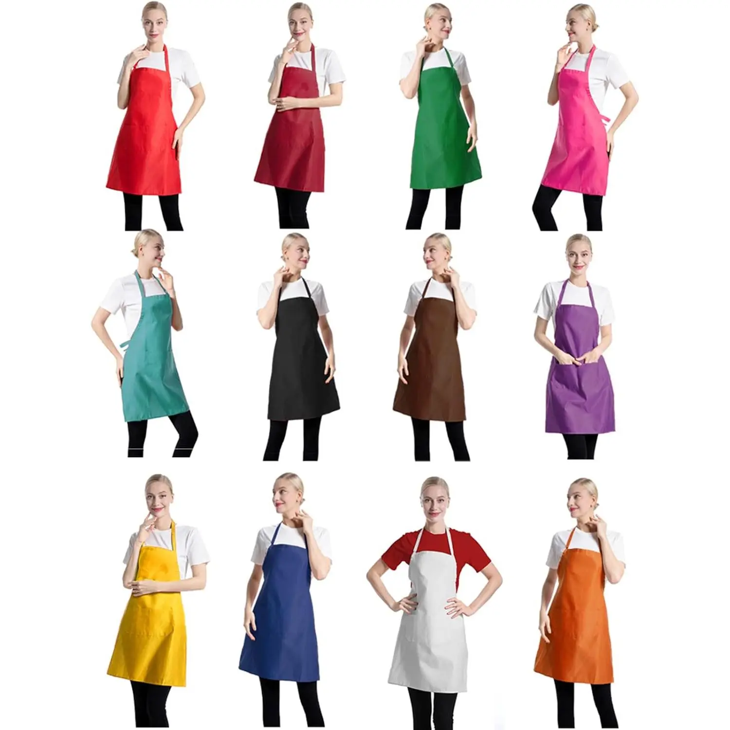 Total 12 count Plain Color Bib Apron Adult with 2 Front Pocket (Mixed Colour)