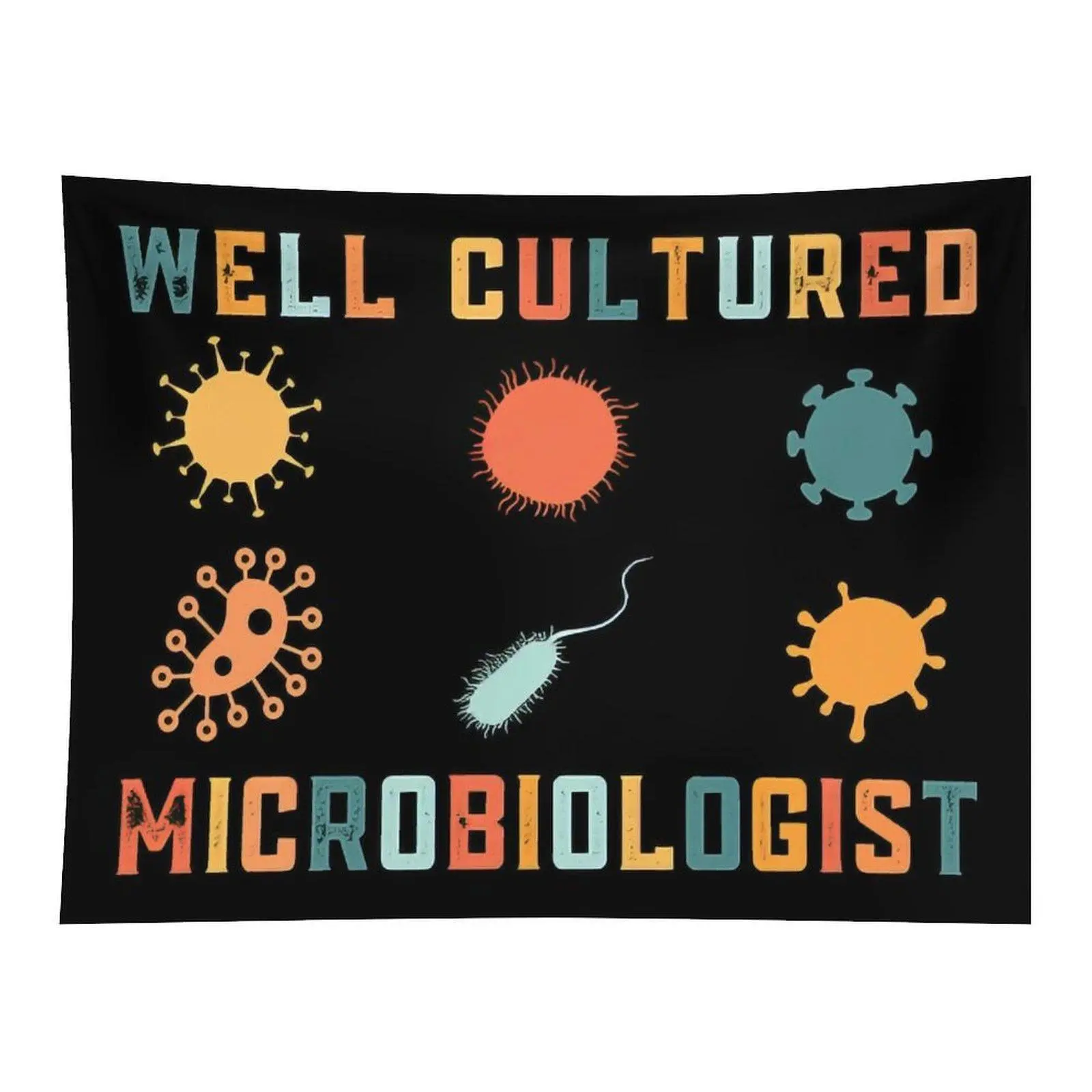Well Cultured Microbiologist Wall Tapestry Retro Colorful Microbe Virus Bacteria Graphic Wall Hanging Decor for Science Biology Lovers Bedroom Dorm Home