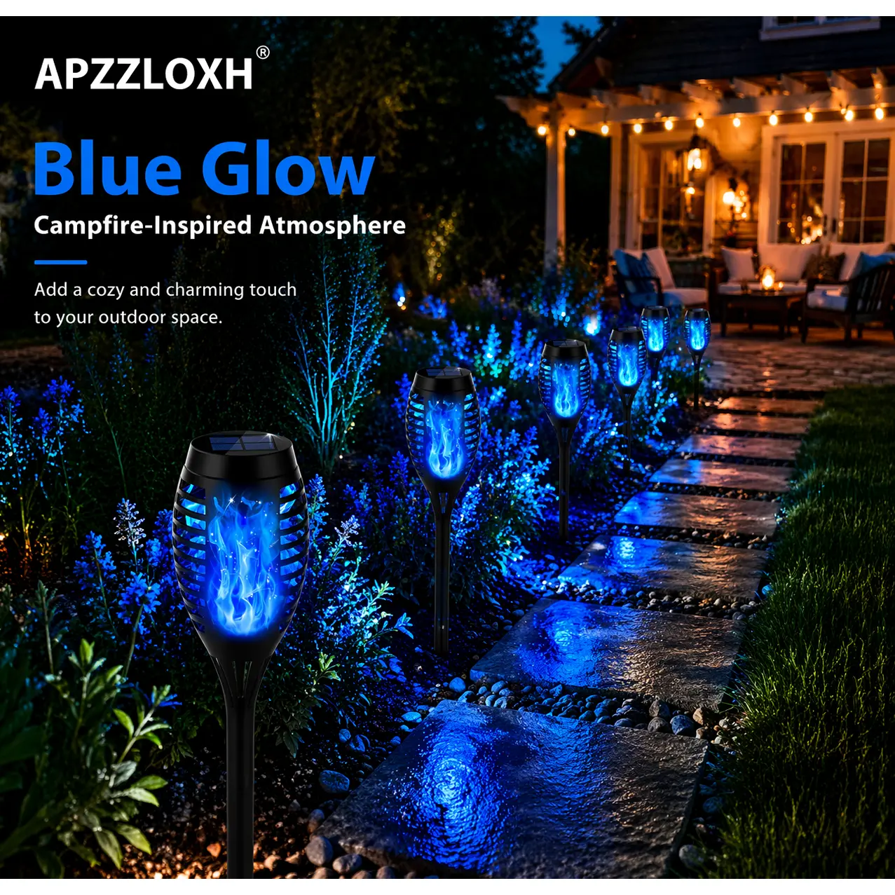 APZZLOXH Solar Torch Lights - Blue Flame Decorative Torch Decking & Patio Lighting, IP65 Waterproof Auto On/Off Solar Lantern with Cells for Outdoor Patio, Balcony Outdoor, Backyard Glow Up Landscape Decor