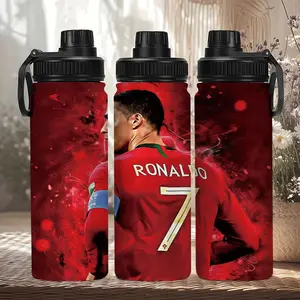 1pc 20oz thermos cup, Water bottles, Tumbler, with the bust on the back of RONALDO's red shirt, designed in football style, wine red background matched with gold Ronaldo font and number 7, dynamic splashes ink and red light spot