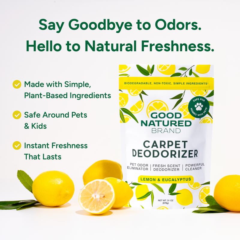 Good Natured Brand | Carpet Deodorizer & Freshener Powder | 31 oz Pet Odor Eliminator for Strong Odor & Pet Urine | Fresh Natural Lemon & Eucalyptus Scent | Safe for Homes with Pets