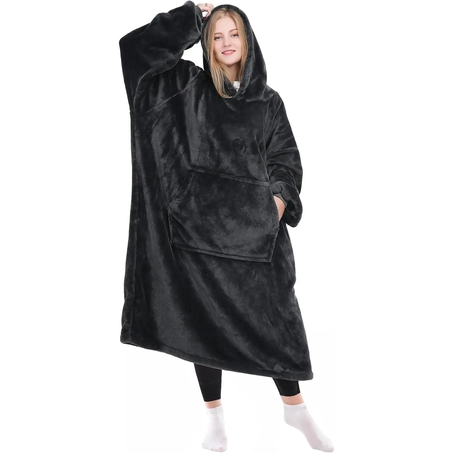 Wearable Blanket Hoodie Gifts for Women and Men,  Hooded Blankets Sweatshirt, Cozy and Warm Fleece Blanket with Sleeves and Giant Pocket for Adults, Dark Gray